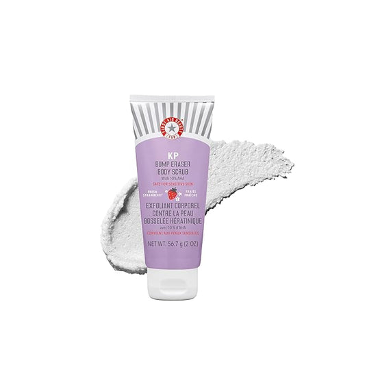 First Aid Beauty - KP Bump Eraser Body Scrub with 10% AHA, Keratosis Pilaris Exfoliator with Glycolic and Lactic acids, Helps Reduce Chicken Skin Bumps, Safe for Sensitive Skin, Strawberry Scent, 2 oz-Velvo Beauty
