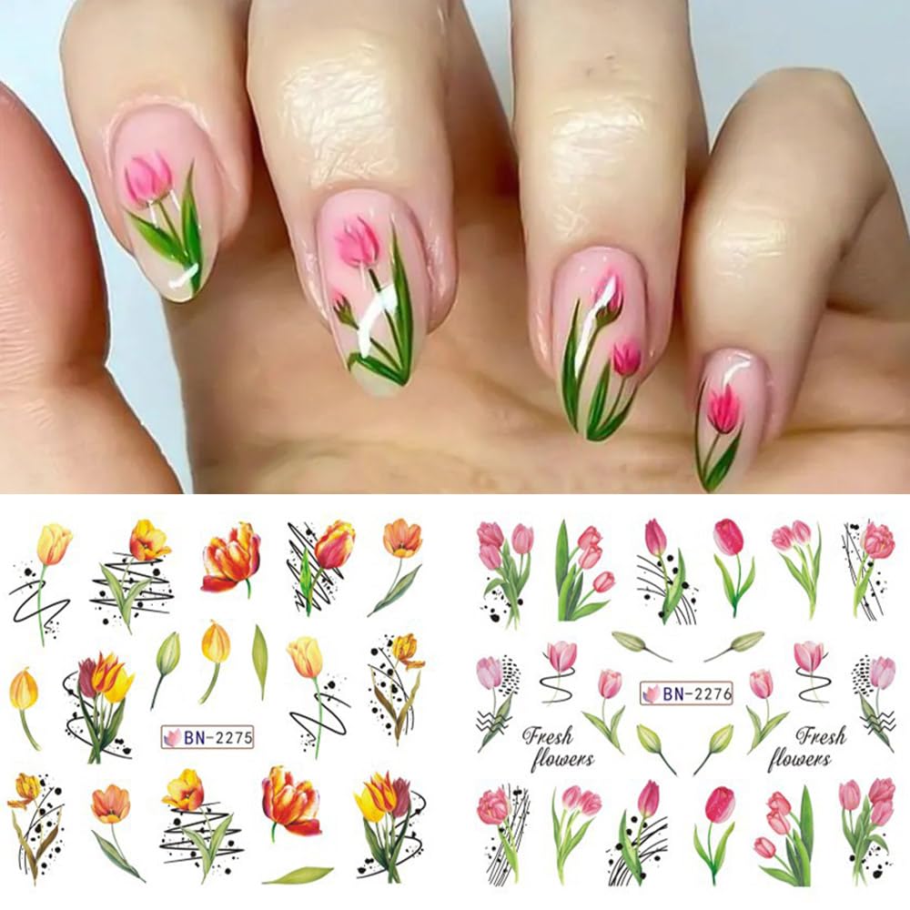 Flowers Nail Art Stickers Decals Tulip Floral Leaf Watercolor Nail Art Decals Transfer Foils for Nails Supply Butterfly Flowers Designs Nail Tattoo Sliders for Women DIY Manicure Nail Decoration 12PCS-Velvo Beauty