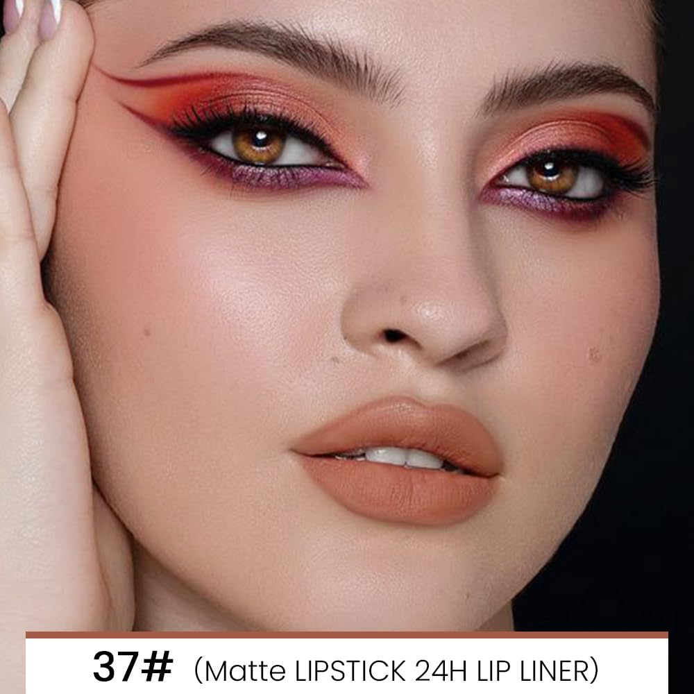 Kaely 2-in-1 Light Nude Brown Matte Lip Liner & Lipstick Combo Set Kit for Women, Magic Neutral Lipstick 24 Hours Original Lips Liner Pencil Stain Gloss Makeup Long Lasting Waterproof 37-Velvo Beauty