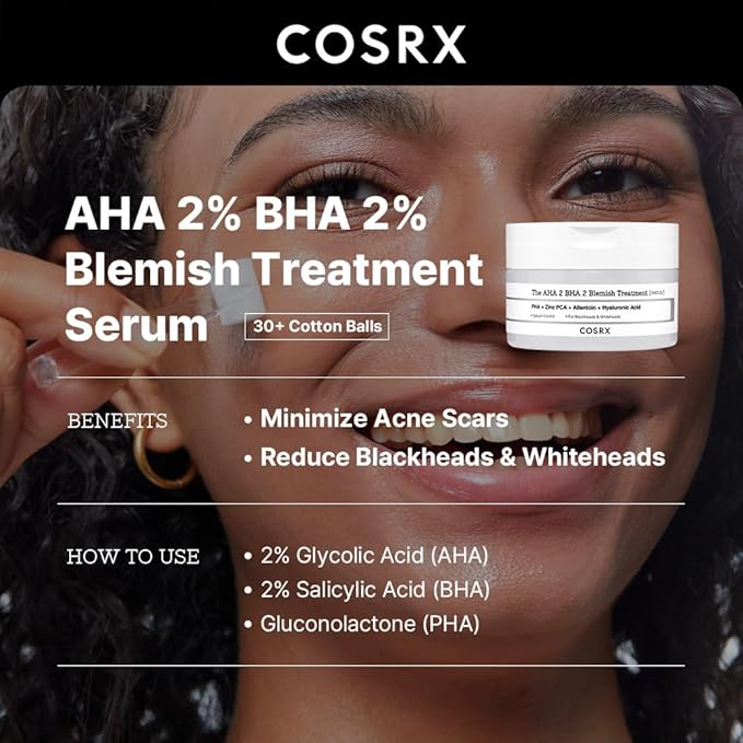 COSRX AHA 2% BHA 2% Blemish Treatment Serum, 60+ Pure Cotton Balls, Quick & Easy Daily Spot Treatment, Blackheads & Whiteheads, Sebum Control, Paraben Free, Phthalates Free, Korean Skin Care-Velvo Beauty