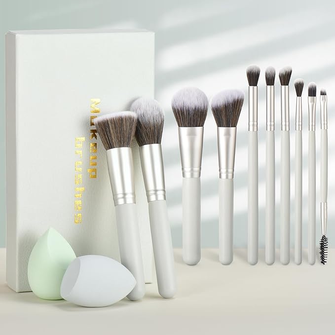 Gift Ready 10 Piece grayish green Makeup Brushs Set and 2 Piece Makeup Sponge – Wooden Handle with Soft Synthetic Bristles, Concealer, Powder – (Ideal for Christmas, Birthday, Women)-Velvo Beauty