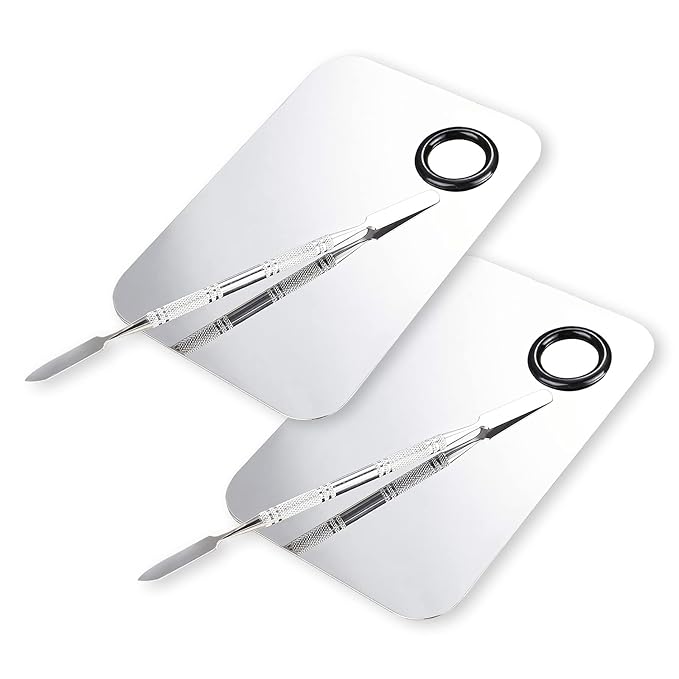 2 Pcs Makeup Mixing Palette, Upgrad Stainless Steel Metal Foundation Palette with Spatula Artist Tool for Mixing Foundation Nail-Art 5.9x3.9 in-Velvo Beauty