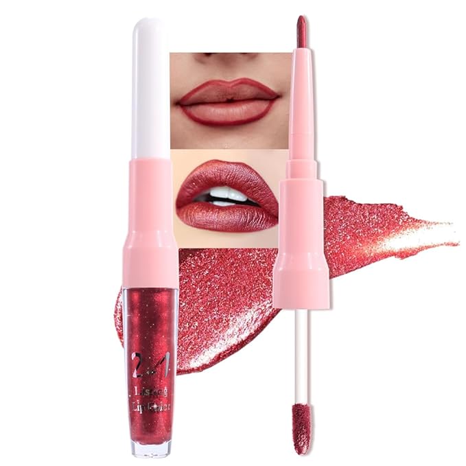 evpct Dark Red Metallic Glitter Lip Liner and Lipstick Combo Lip Gloss Stain Set Makeup for Women Long Lasting Waterproof 24, Wine Red Frosted Metallic Shimmer Glossy Chrome iridescent Liquid Lipstick-Velvo Beauty