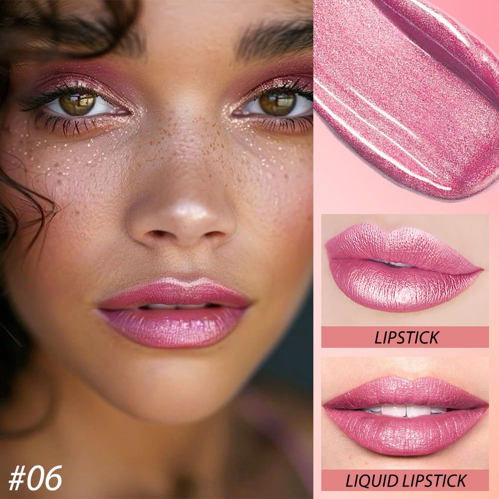evpct 2 in 1 Rose Pink Glitter Metallic Shimmer Diamond Lipstick and Lip Gloss Set for Women Long Lasting Waterproof, Baby Nude Pink Sparkle Glitter Shiny Lipstick and Lip Liner Makeup Set, 06#-Velvo Beauty