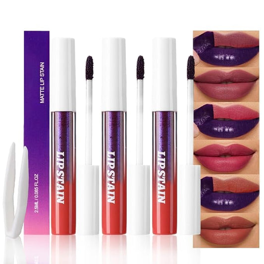 evpct 3Pcs Maroon Mauve Nude Brown Peel Off Lip Stain Tints, Matte Liquid Lipstick Lip Stain Long Lasting Waterproof for Women, Longwear Lipstick Peel Off Highly Pigmented Smudge-proof Easy to Apply-Velvo Beauty