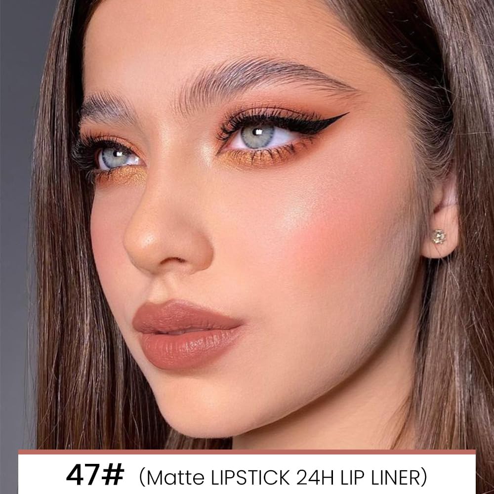 Kaely 2-in-1 Fairest Nude Velvet Matte Lip Liner & Lipstick Combo Set Kit for Women, Magic 24 Hours Lipstick and Lip Liner Makeup Set Stain Long Lasting Waterproof labial 47-Velvo Beauty
