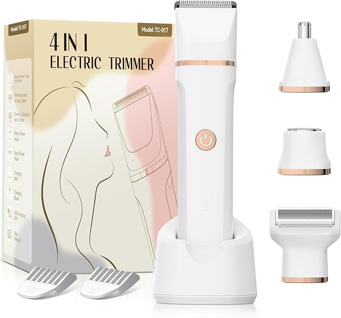Electric Bikini Trimmer for Women - 4 in 1 Electric Razors for Women, Waterproof Pubic Hair Trimmers and Facial Hair Remover, Replaceable Shaver & Nose Hair Trimmer, Rechargeable Women's Grooming Kit-Velvo Beauty