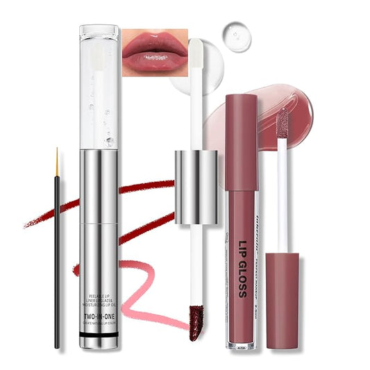 Dual-Ended Peel Off Lip Stain Liner, Long Lasting Waterproof Peel Off Lip Liner Tattoo with Nourishing Clear Gloss Combo Set, Transfer-Proof Non-Stick Cup Shiny Lips Tint Lipstick Makeup07-Velvo Beauty
