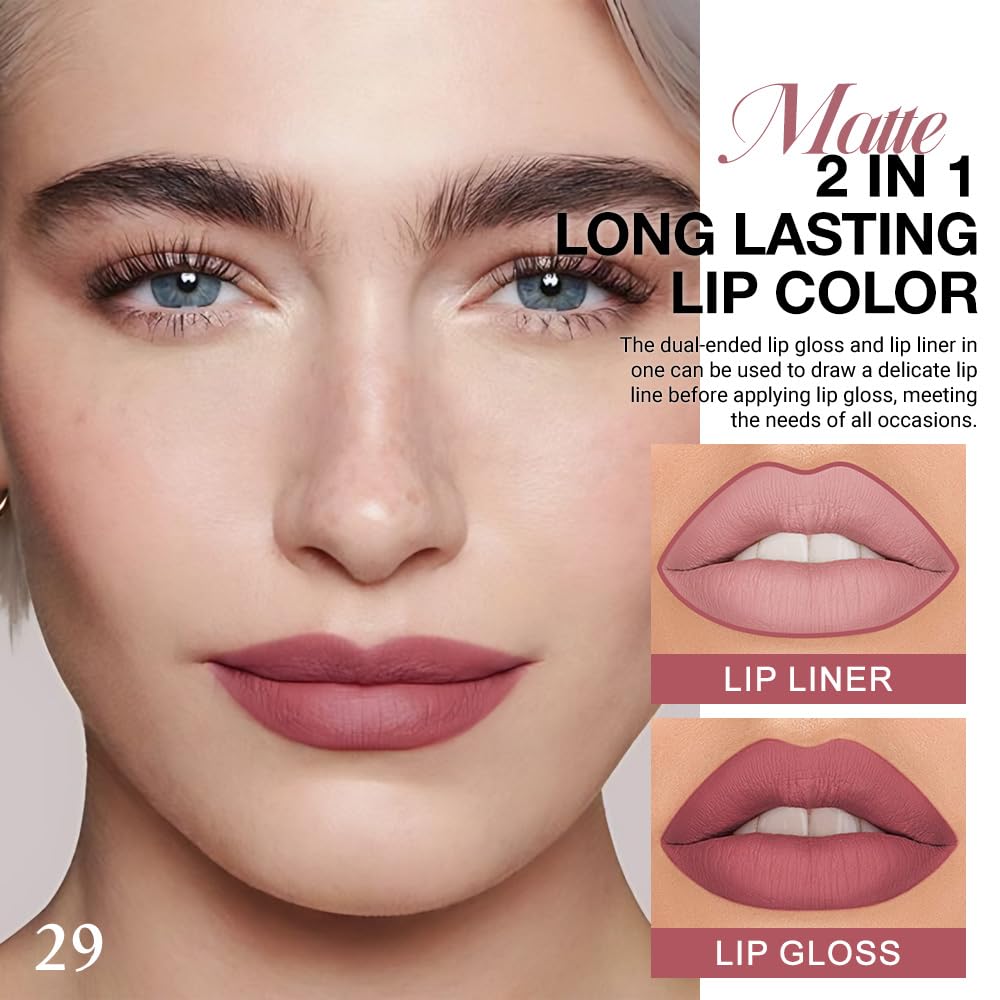 evpct 1Pcs Antique Rose Matte Lip Liner and Liquid Lipstick Stain Makeup Set for women, Nude Pink Long Lasting Smudge Proof Lipstick labiales matte mate larga duracion listip 24 hours originales, 29#-Velvo Beauty