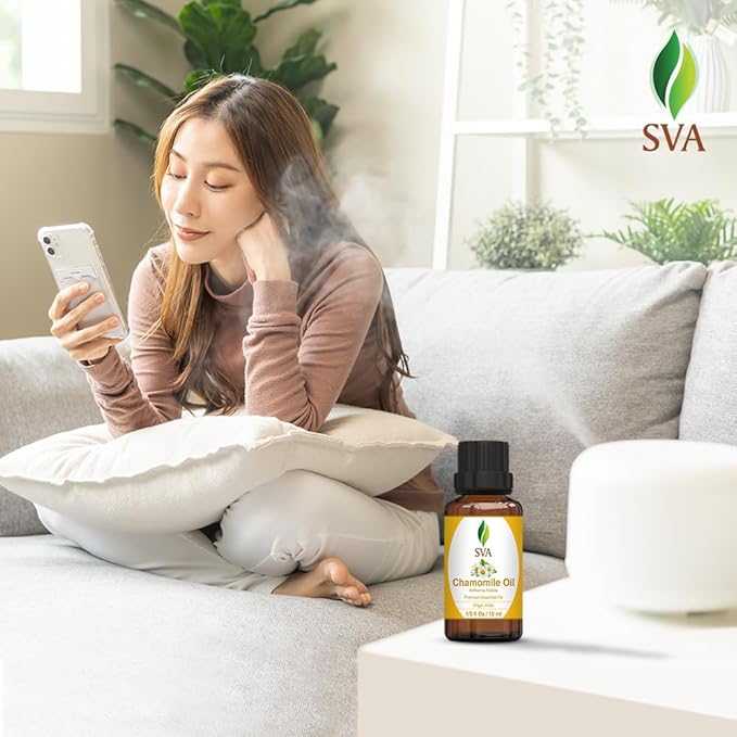 SVA Chamomile Essential Oil – 1/3 Fl Oz – 100% Natural Chamomile Oil - for Diffuser, Hair Care, Face, Skin Care, Aromatherapy, Scalp and Body Massage, Soap and Candle Making-Velvo Beauty