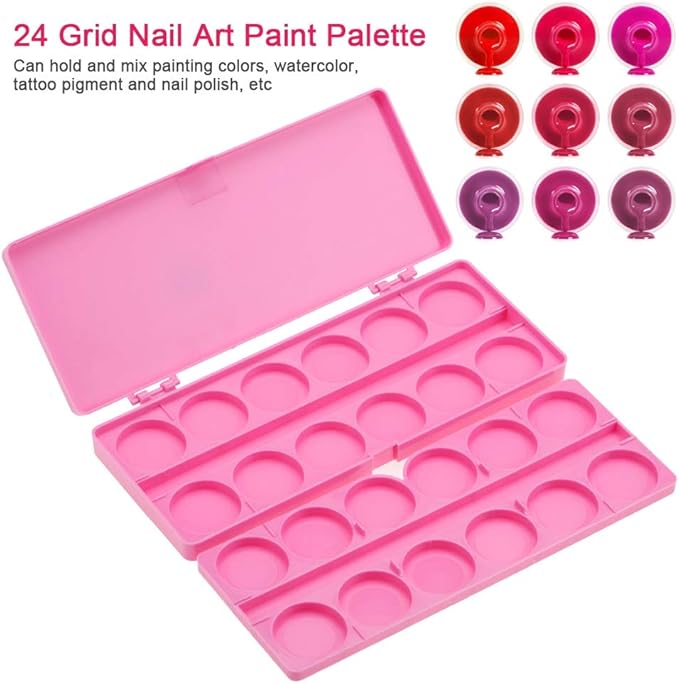 Nail Art Palette, 24 Grid Plastic Nail Art Paint Color Mixing Palette Plate Watercolor Pigment Color Mixing Case Manicure Drawing Tray(Rose Red)-Velvo Beauty