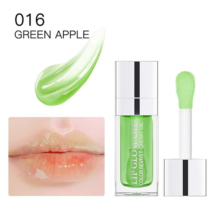 Hydrating Lip Glow Oil, Lip Oil Gloss Transparent Toot Tinted Nourishing Long Lasting Repairing Lightening Lip Lines (GREEN APPLE) 0.2 OZ-Velvo Beauty