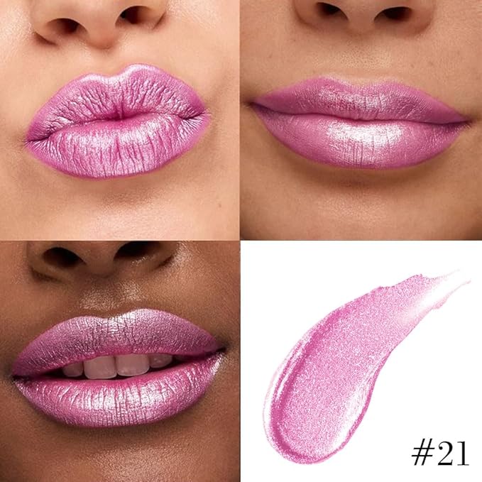 evpct Pink Metallic Glitter Lip Liner and Lipstick Combo Lip Gloss Stain Set Makeup for Women Long Lasting Waterproof 24, Rose Pink Metallic Shimmer Frosted Iridescent Glossy Liquid Lipstick 21-Velvo Beauty