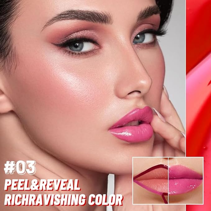 Lip Stain Peel Off Lip Gloss oil Dual-Ended Combo, Raspberry Peach Lips Liner Stain Peel Off Tattoo, Long Lasting & Waterproof, Transfer-Proof Lip Tint Stain with Lip oil for All Skin Type 03#-Velvo Beauty