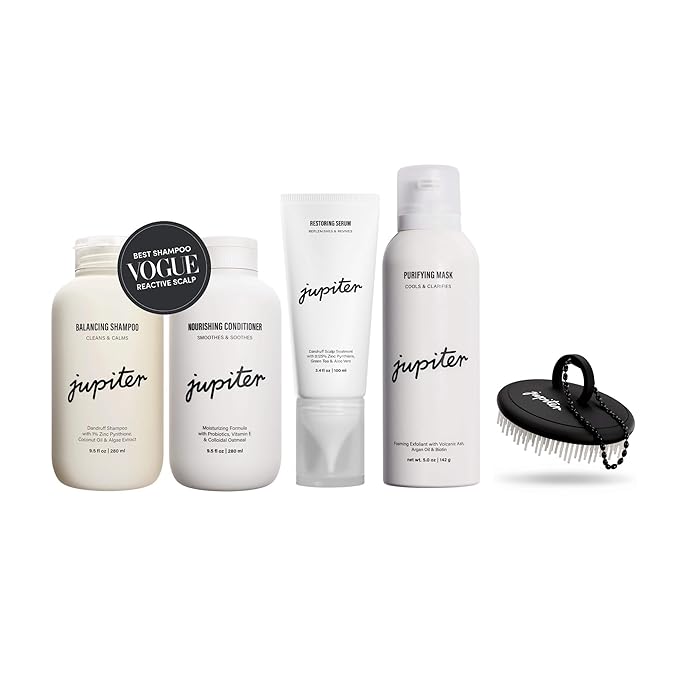 Jupiter Oil Control & Exfoliation Set, Anti-Dandruff Shampoo, Conditioner, Restoring Serum, Scalp Brush, & Purifying Mask, for Women & Men, Dermatologist-Formulated for Flaky, Itchy, Oily, & Dry Scalp-Velvo Beauty