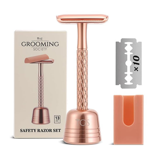 Double Edge Safety Razor for Women Rose Gold with Stand and Silicone Cover - Durable Metal Eco-Friendly Single Blade Safety Razor with 10 Blades- Closed Smooth Shave-Velvo Beauty