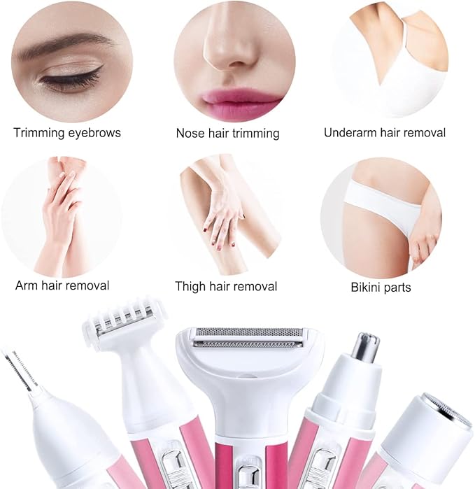 Electric Razor for Women Removal for Body Nose Hair Trimmer Face Shavers Eyebrow Legs Armpit Bikini Area Pubic Underarms Painless Rechargeable Portable 5 in 1 Womens Razors Set-Velvo Beauty