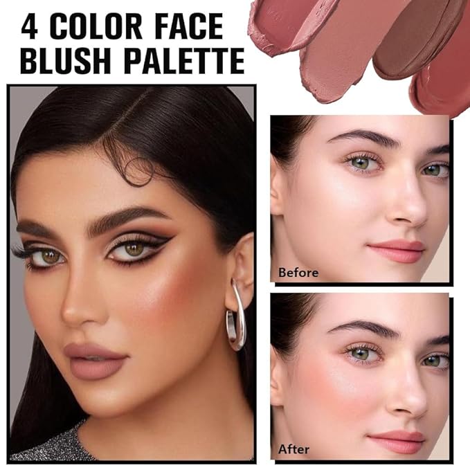 Matte Blush Cream Quads Makeup Palette, Blushes for Older Women Lip and Cheek Dual Blush Palette, Natural Lasting Pinkish Light Peach Light Brown and Orange Red, Paleta de rubor 4 colores-Velvo Beauty