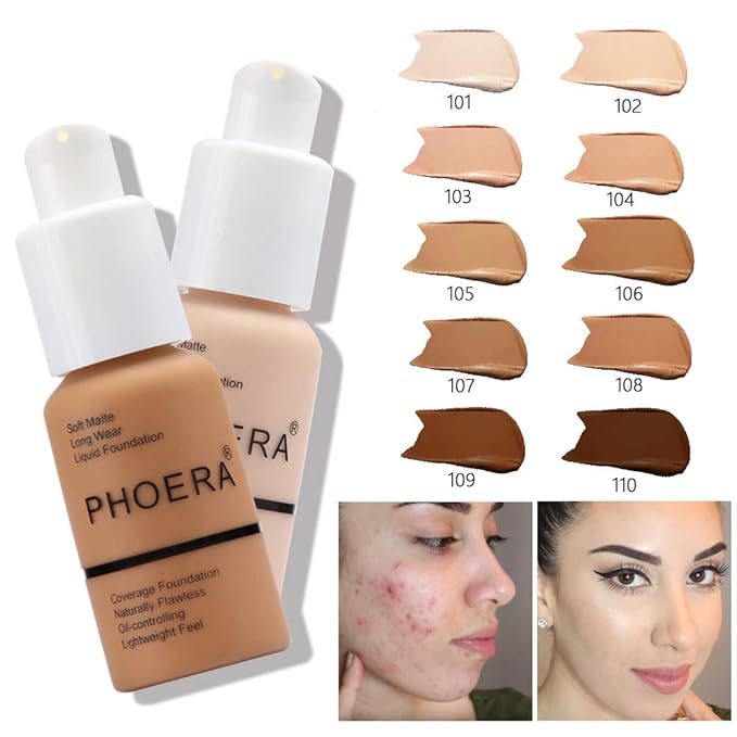 PHOERA Foundation Makeup Naturally Liquid Foundation Full Coverage Mattle Oil-Control Concealer 8 Colors Optional,Great Choice For Gift(#107 Honey,30ml)-Velvo Beauty