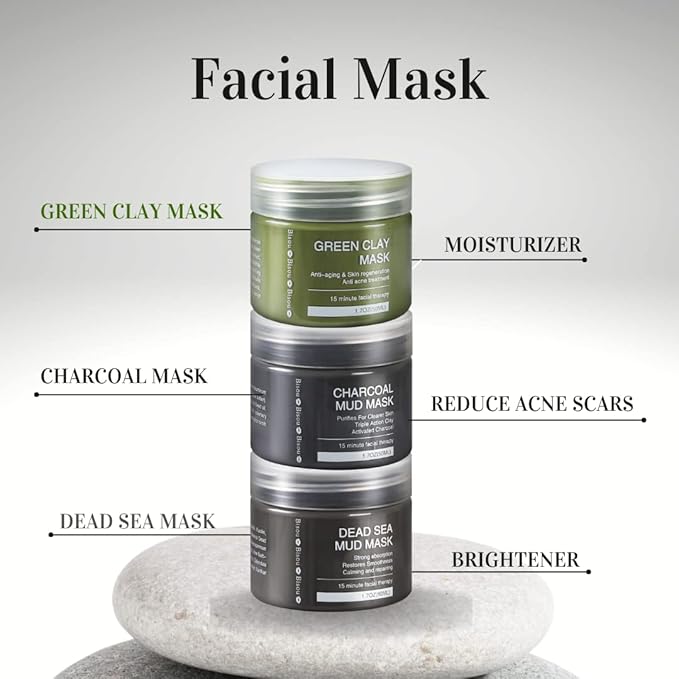 Clay, Dead Sea Mud & Charcoal Gel Face Mask Trio With Applicator, Deep cleansing Clay and Mask Applicator, Facial Therapy PH Balanced Hypo-allergenic-Velvo Beauty