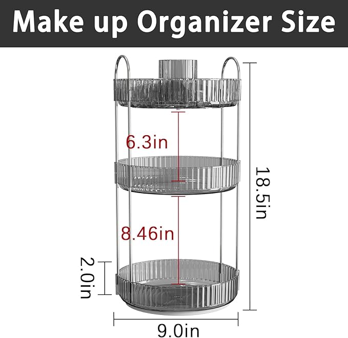 Rotating Makeup Organizer for Vanity, High-Capacity Skincare Clear Make Up Storage Perfume Organizers Cosmetic Dresser Organizer Countertop 360 Spinning (Gray, New-3 Tier)-Velvo Beauty