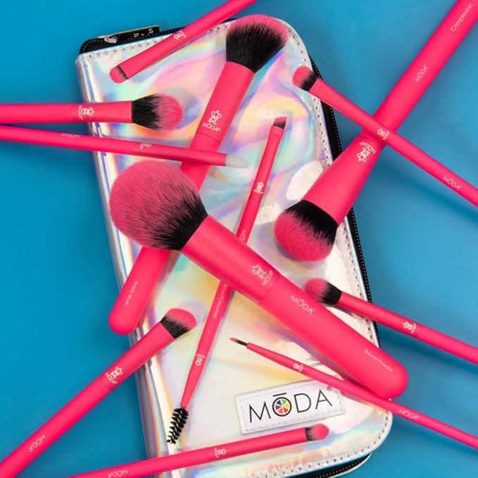 MODA Totally Electric Neon Full Face Makeup Brush Kit – 13pc Vibrant Brush Set for Face & Eyes with Zip Case (Neon Pink)-Velvo Beauty