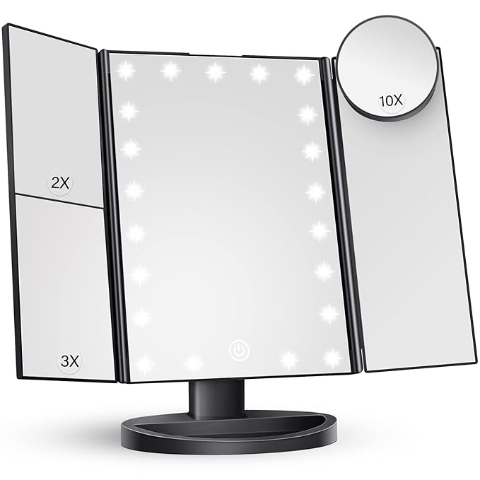 HUONUL Makeup Mirror Vanity with Lights, 2X 3X 10X Magnification, Lighted Mirror, Touch Control, Trifold Dual Power Supply, Portable LED Women Gift (Black)-Velvo Beauty