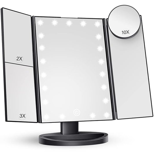 HUONUL Makeup Mirror Vanity with Lights, 2X 3X 10X Magnification, Lighted Mirror, Touch Control, Trifold Dual Power Supply, Portable LED Women Gift (Black)-Velvo Beauty