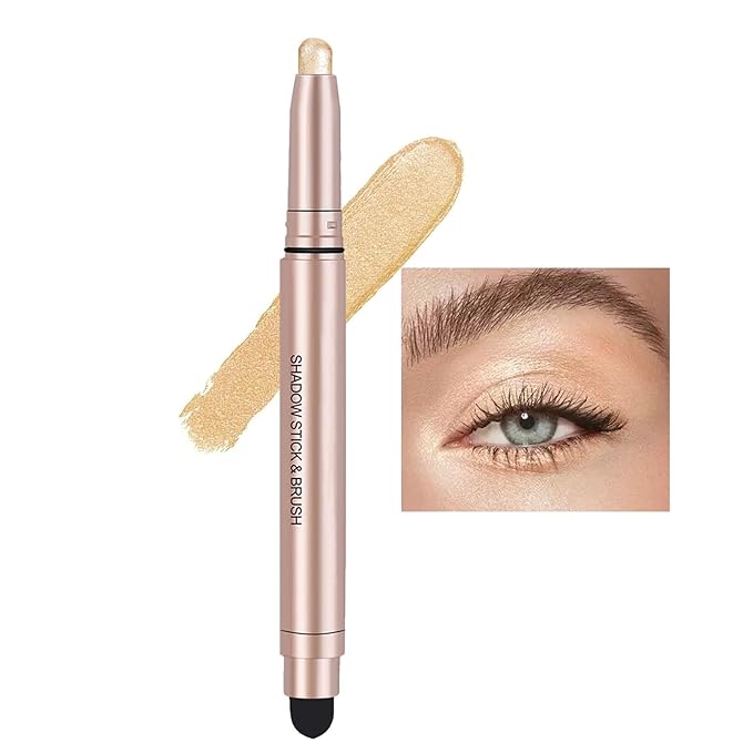 Gold Eyeshadow Stick, Shimmer Cream Single Eyeshadow Pencil, High Pigmented Eye Shadow Brightener Stick, Hypoallergenic Waterproof Long Lasting Highlighter stick Create Multi-Dimensional Eyes Look 02#-Velvo Beauty