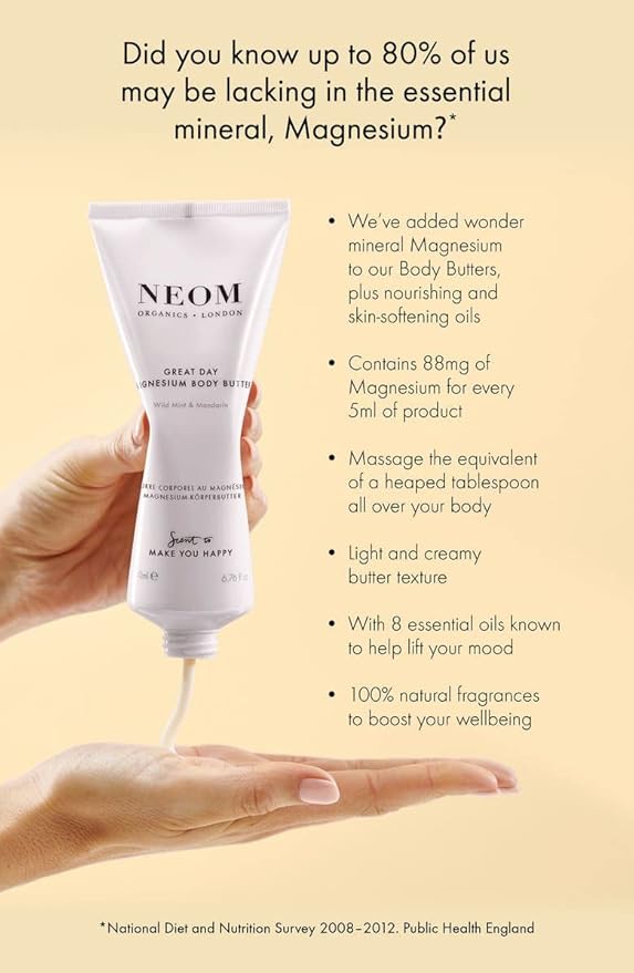 Neom- Great Day Magnesium Body Butter, 200ml | Mandarin & Wild Mint | Cream Moisturiser With Essential Oils | Nourish & Soften | Fresh & Zesty-Velvo Beauty
