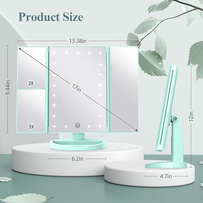 HUONUL Makeup Mirror Vanity with Lights, 2X 3X 10X Magnification, Lighted Mirror, Touch Control, Trifold Dual Power Supply, Portable LED Women Gift (Green)-Velvo Beauty
