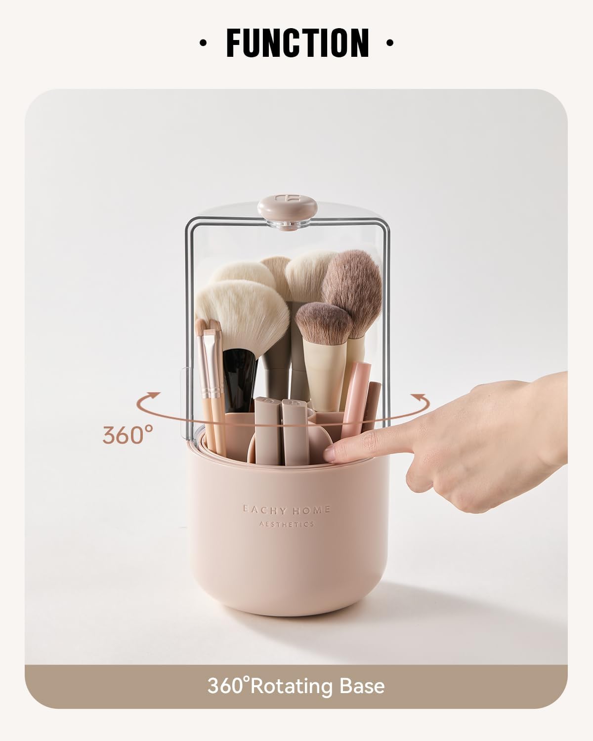 EACHY Makeup Brush Holder 360° Rotating with Dustproof Lid, Waterproof Material, 7 Compartments for Organized Storage, Stylish and Durable Design for Vanity (Pink)-Velvo Beauty