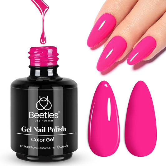 Beetles Pink Gel Nail Polish - Year 2 Kilo 15ML Gel Polish, 1 Pcs Hot Pink Colors, Soak off UV LED Lamp Nail Art Manicure Salon DIY Nail Design for Girls-Velvo Beauty