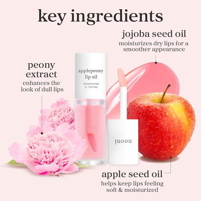 NOONI Korean Lip Oil - Applepeony | Long-Lasting, Moisturizing, Plumping, Revitalizing for Dry Lips, Waterproof, No Peel Off, Hydrating, Nourishing Crystal Clear, 0.12 FL Oz-Velvo Beauty