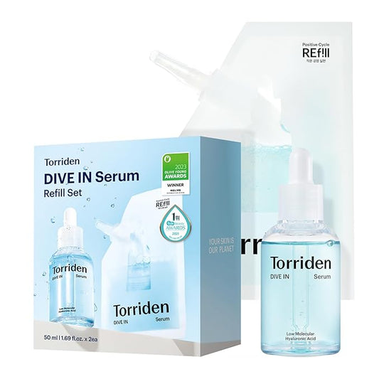 Torriden DIVE IN Serum 1.69 fl oz + refill pouch 1.69 fl oz | Deep Hydration to Get Glow Skin | Hyaluronic Acid, Panthenol, Allantoin | Korean Facial Serum-Velvo Beauty