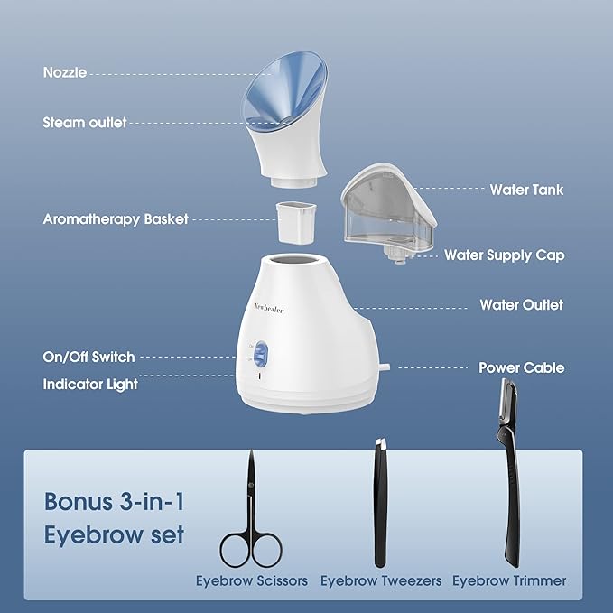 Newbealer 2in1 Facial Steamer, Hot Mist Facial Aromatherapy Humidifier Atomizer, Large Face Steamer Unclogs Pores Sinuses Moisturizing, Home Sauna Spa with Eyebrow Set (Blue, 170ml)-Velvo Beauty
