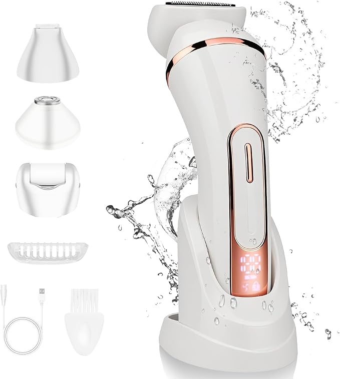 Electric Shavers for Women, 4 in 1 Hair Removal Kit with Epilator Bikini Trimmer Face Razor Body Brush Face Massager Foot Callus Remover, IPX7 Waterproof Lady Razors Set for Legs Armpit Bikini Pubic-Velvo Beauty