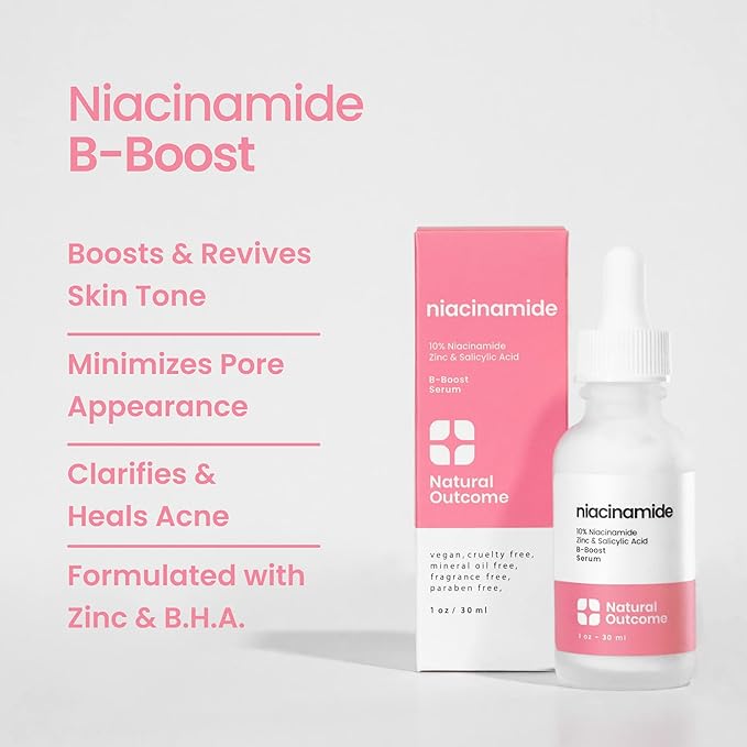 Niacinamide Serum for Face by Natural Outcome Skin Care, B-Boost Niacinamide 10% Plus Zinc 2% Salicylic Acid + Hyaluronic Acid, Acne Treatment + Pore Reducing Serum + Skin Balancing-Velvo Beauty