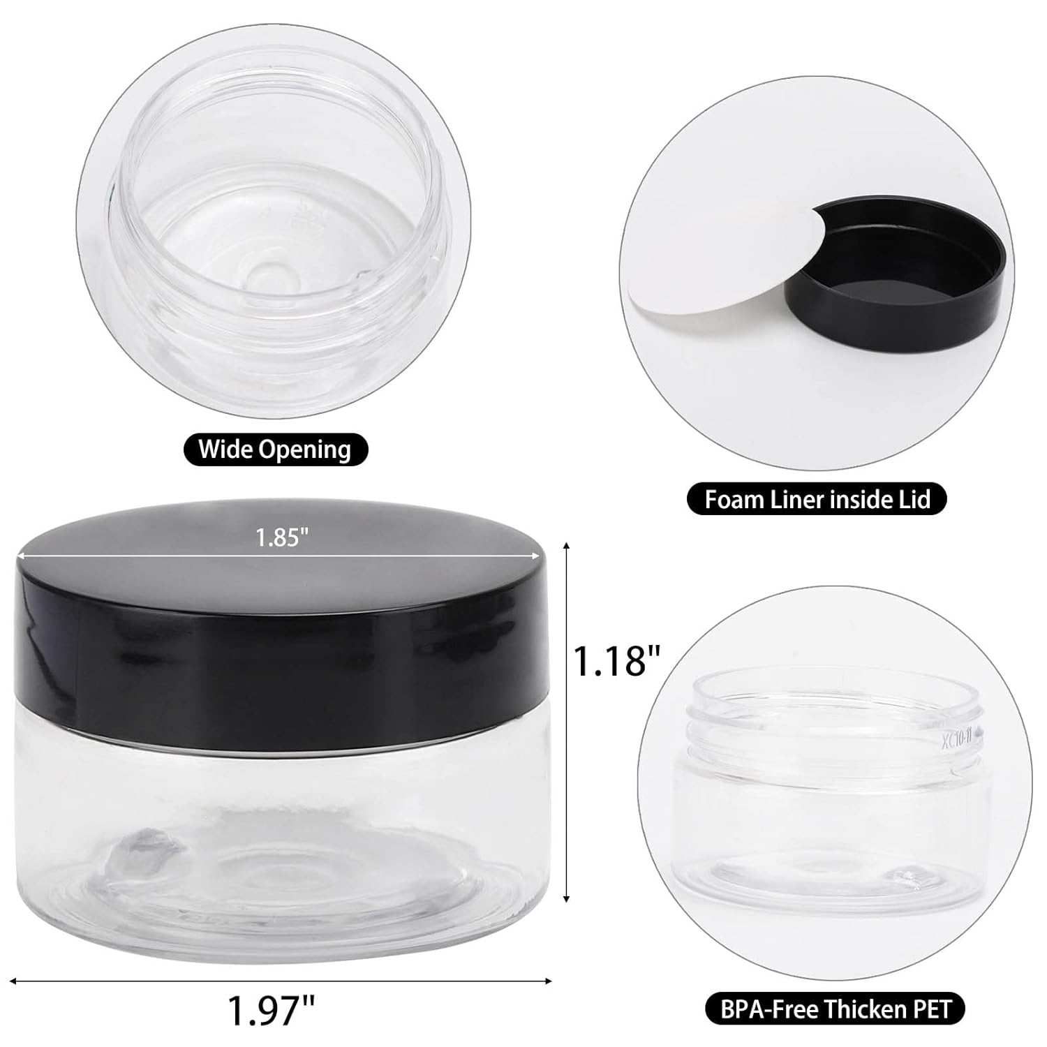 50 Count 1oz Cosmetic Containers with Lids BPA Free Plastic Sample Containers Empty Makeup Containers Refillable Cosmetic Jars Leakproof Travel Jars - Black-Velvo Beauty