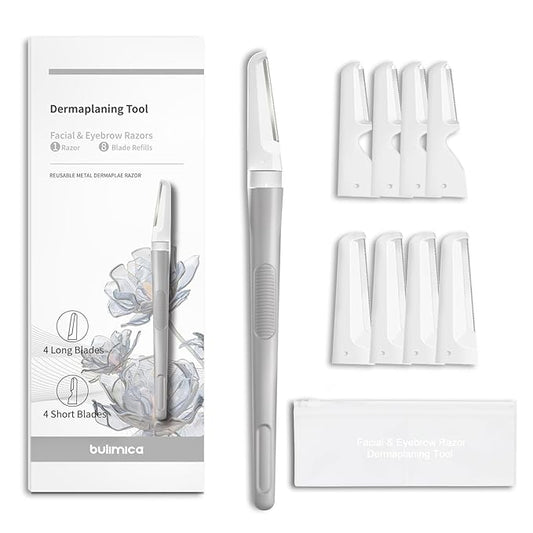 Face Razors for Women, Dermaplane Razor for Women Face, Eyebrow Razor, Facial Razors, Dermaplaning Tool, Reusable Metal Handle with 8 Microblades for Sensitive Skin, Peach Fuzz Remover, Gray-Velvo Beauty