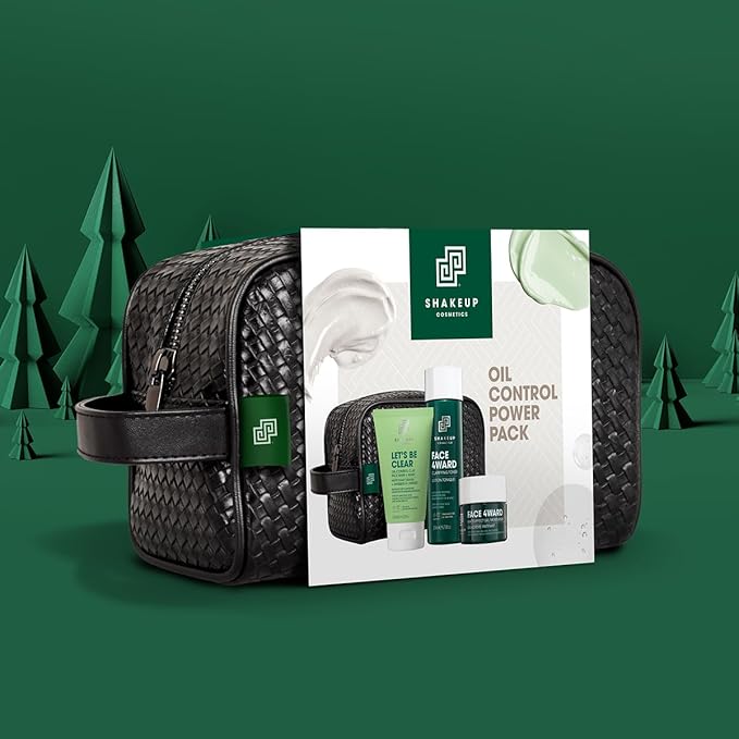 Shakeup - 4-Piece Mens Oil Control Skincare Gift Set, Oily & Acne Skin, Clay Face Wash, Clarifying Toner, Matte-Effect Moisturiser, Plus Wash Bag-Velvo Beauty