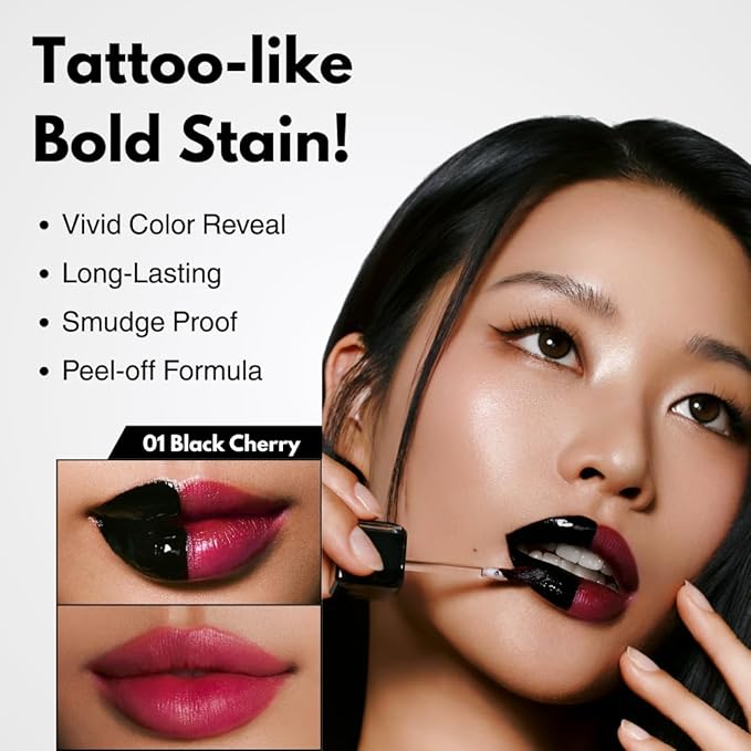 MILKTOUCH Black Peel Off Lip Tattoo - Long-Lasting Matte Lip, Waterproof & Transfer-Proof, Highly Pigmented, Stay-On-All-Day Lip Tint Stain (4.5g) #01 Black Cherry-Velvo Beauty