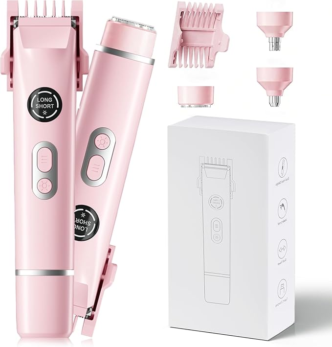 Bikini Trimmer for Women, 4 in 1 Wet/Dry Electric Razors for Women - Dual Head, Painless Rechargeable Portable Womens Razors for Shaving Set for Face, Nose, Eyebrows, Armpits, Bikini Area (Pink)-Velvo Beauty