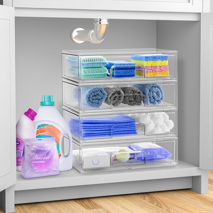 Sorbus Acrylic Storage Containers - 4 Pack, Stackable Storage Bins Set for Bathroom Organization - Clear Acrylic Drawer Organizers - Makeup Case Pull-Out Drawers (12.1’’ Wide)-Velvo Beauty