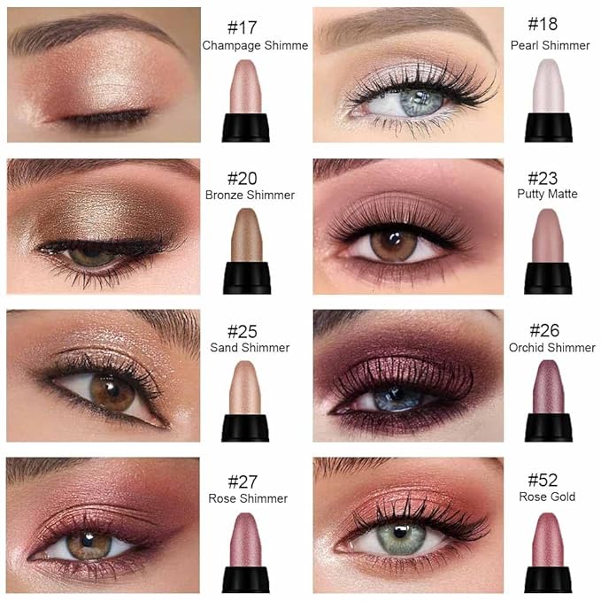 Kaely 8Pcs Cream Eye Shadow Sticks Set for Eyes,Champagne Pearl Bronze Sand Orchid Rose Shimmer Putty Matte Rose Gold,Pencil Eyeshadow Applicator Stick Palette,Halloween Makeup Waterproof 08
