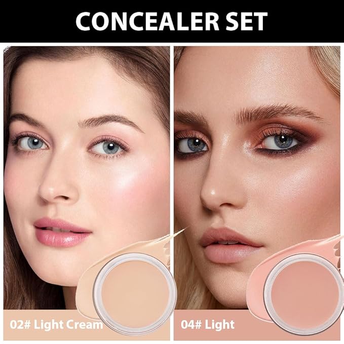 Kaely 2Pcs Pot Concealer Full Coverage Set,under Eye Brightener Concealer for Conceals Dark Circles,Waterproof Foundation Face Makeup Brush Kit,Color Correcting Concealer,02+04-Velvo Beauty