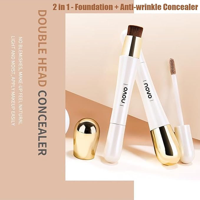 Happyhours 2 in 1 Foundation Anti-Wrinkle Concealer with Built-in Brush, Novo Foundation and Concealer Double Head Makeup Stick, Waterproof Long Lasting Anti-Wrinkle Concealer Foundation (2Pcs-02)-Velvo Beauty