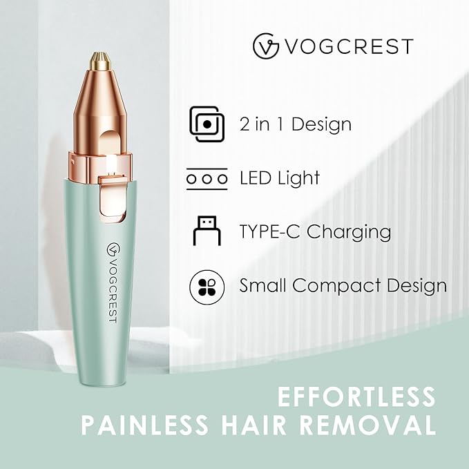 Eyebrow Facial Trimmer: 2 in1 Rechargeable Facial Hair Removal and Eyebrow Shaver - Face Lips Body Painless Facial Razor with Built-in LED Light (Pastel Green)-Velvo Beauty