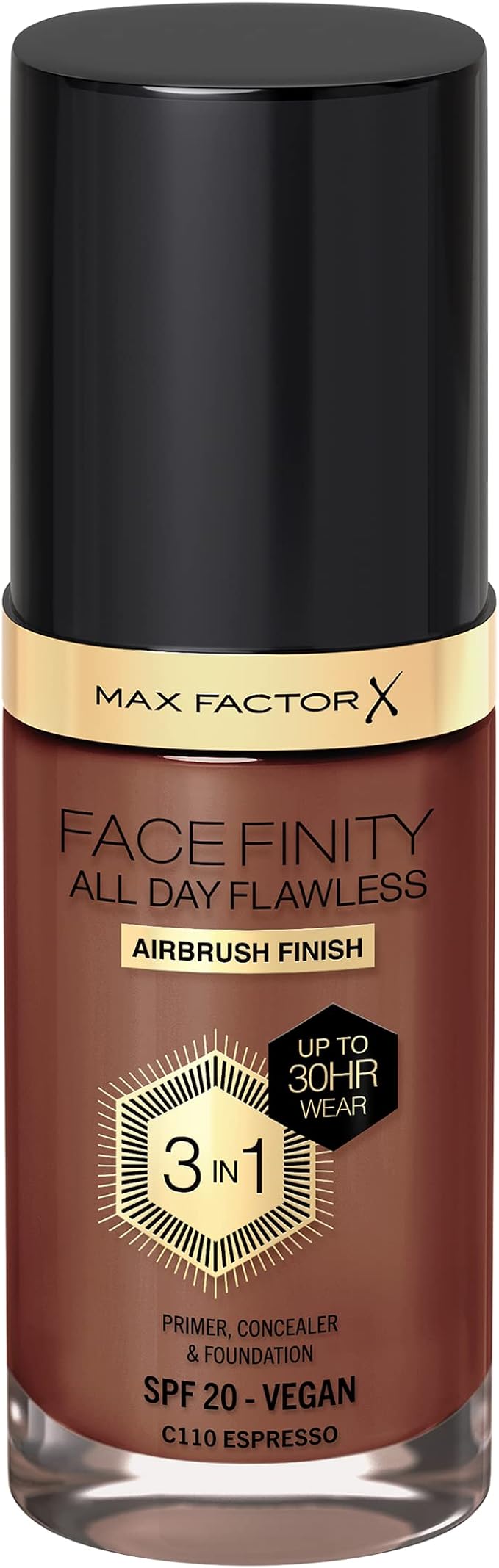 Max Factor Facefinity 3-in-1 All Day Flawless Liquid Foundation, SPF 20-110 Espresso, 30 ml-Velvo Beauty