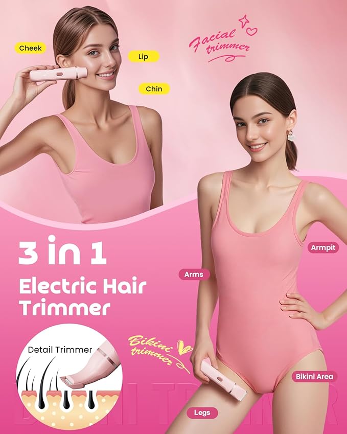 Bikini Trimmer for Women, Dovety 3 in 1 Painless Electric Razors for Women, Rechargeable Pubic Hair Trimmer Electric Shaver for Legs Body Facial Hair, IPX7 Waterproof, Ceramic Blade, USB Charge Dock-Velvo Beauty